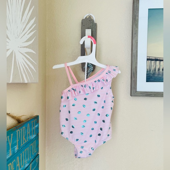 Pink Platinum Girls Baby Pink White Stripes Shell One Shoulder Swimsuit … - Picture 12 of 12